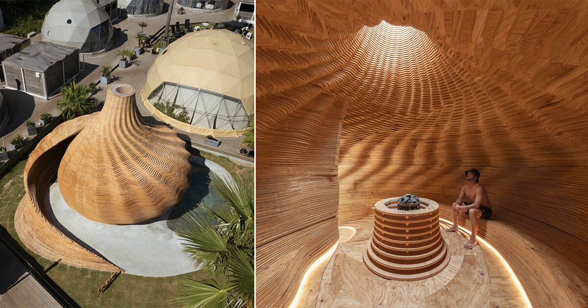 step inside kengo kuma’s seashell-inspired private sauna at a japanese glamping resort