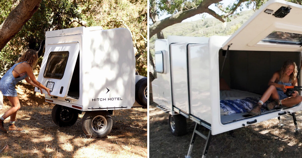 mini sleeping trailer 'hitch hotel' expands up to 7 feet in under 1 minute