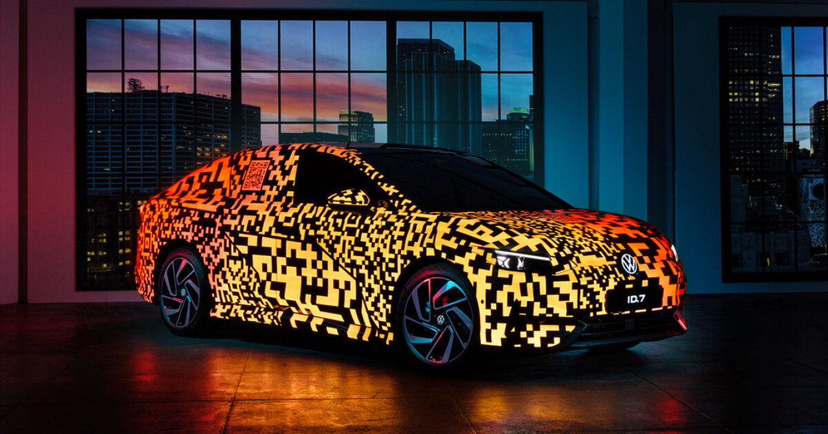 volkswagen's fully electric sedan ID.7 glows in neon and zoomed-in QR codes  for CES 2023