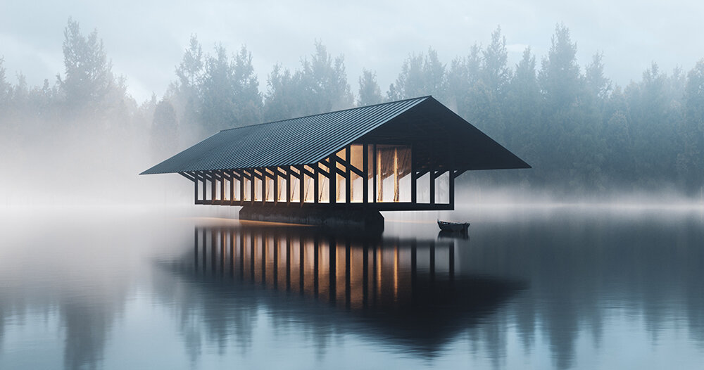 marc thorpe designs a serene pavilion floating over a crystal lake