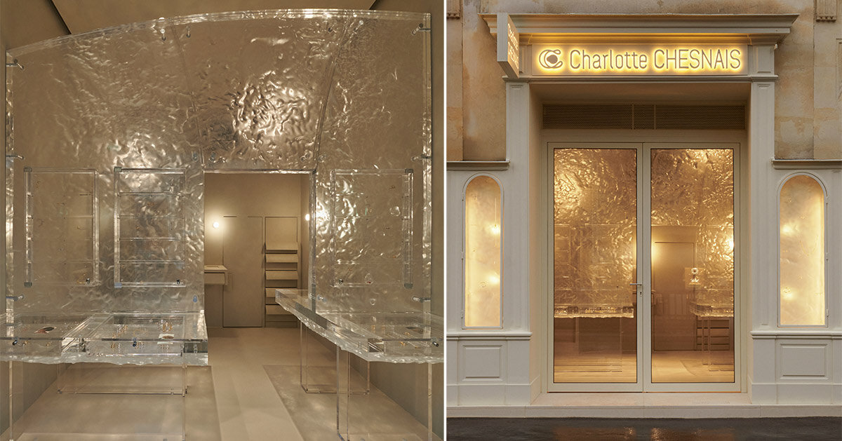 fine jewelry collection floats in just monolithic translucent wall in parisian boutique