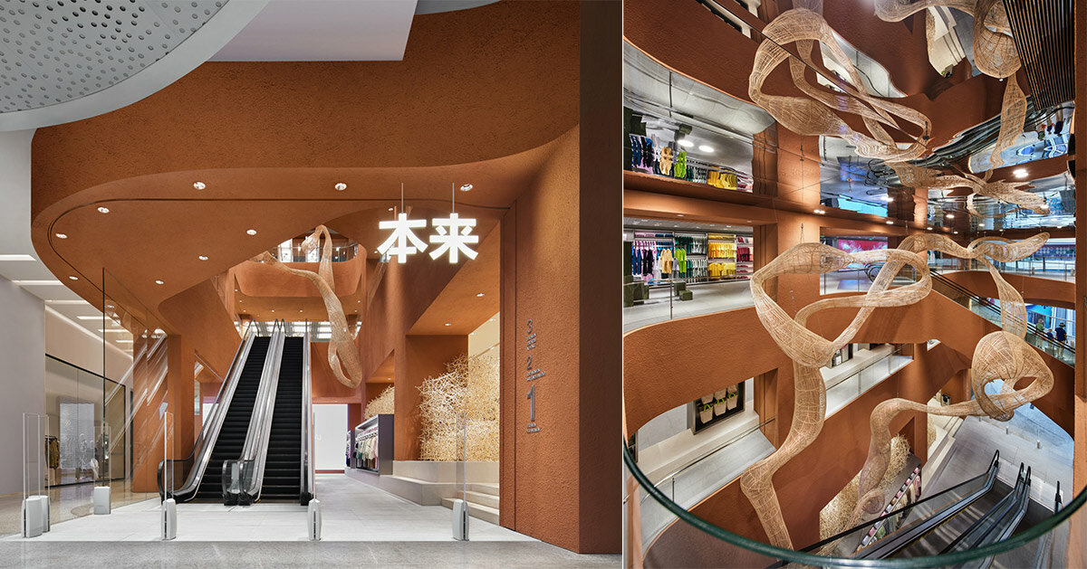 woven bamboo installation by AIM architecture drapes over fashion store atrium in china