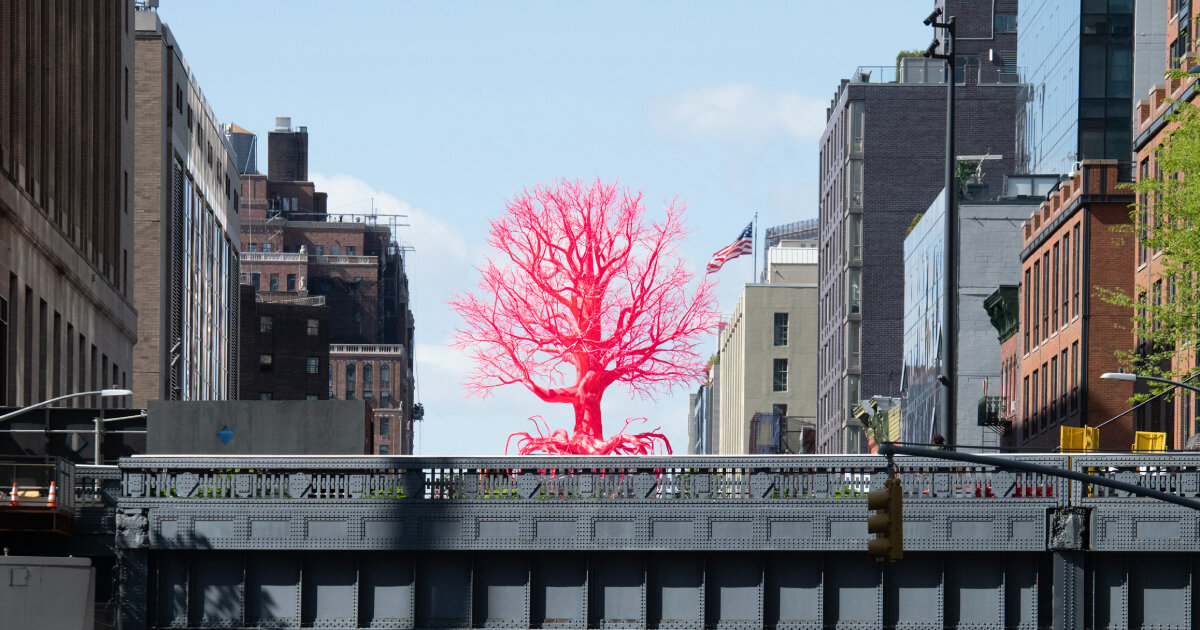 on the high line, pamela rosenkranz grows synthetic lucid pink tree
