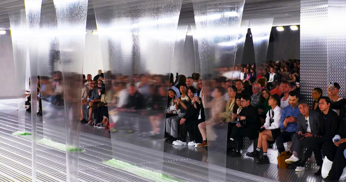 in prada SS24 'fluid form' show, translucent thick slime cascades like luminous resin waterfall - Vimarsana News
