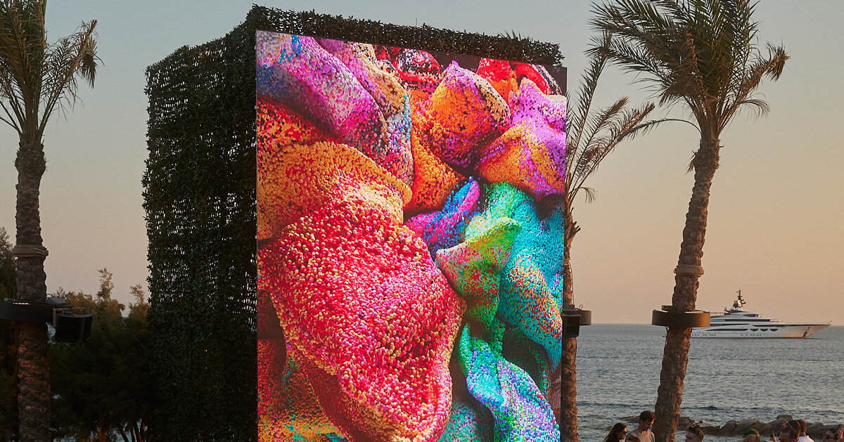 The Winds of Yawanawá screen among palm trees by the sea at Scorpios at sunset