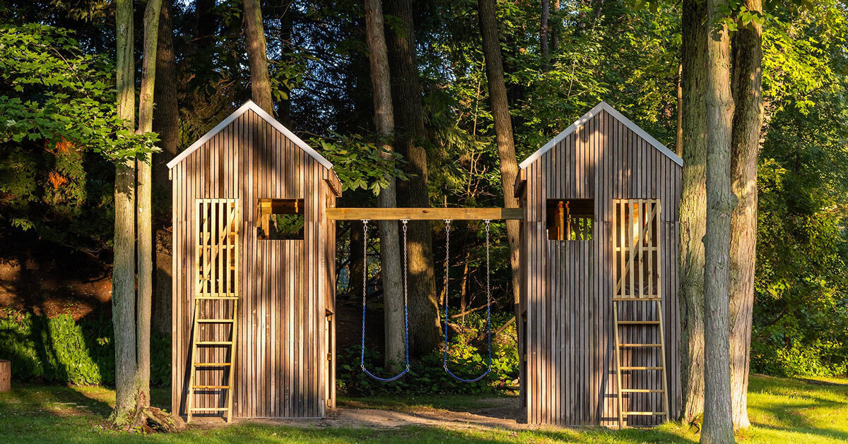 upcycled twin treehouses by temescal creative rise 14 feet high