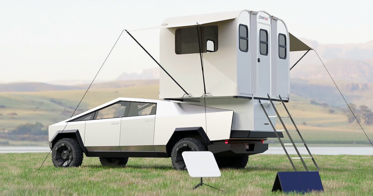 world’s first foldable camping cabin can fit on tesla cybertruck for