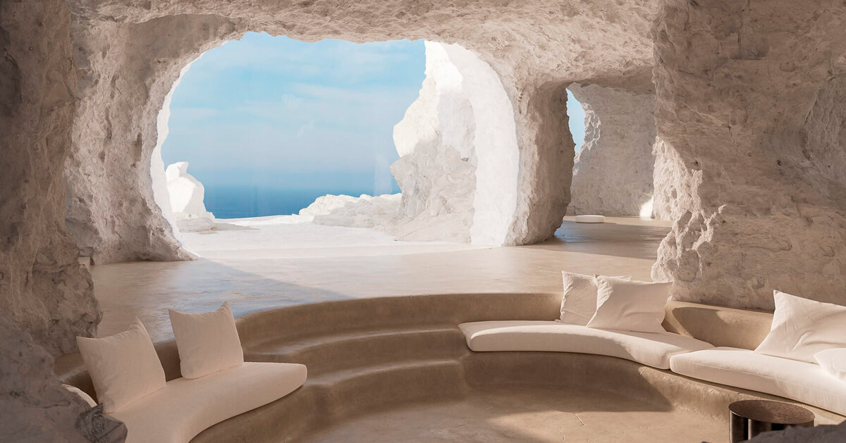 virtual cave house carves the organic landscape of milos in greece