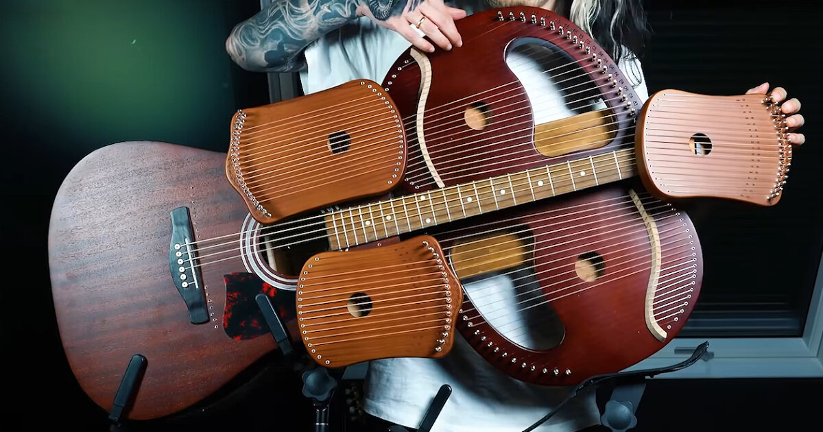 acoustic harp guitar with 109 strings can play different chords at once