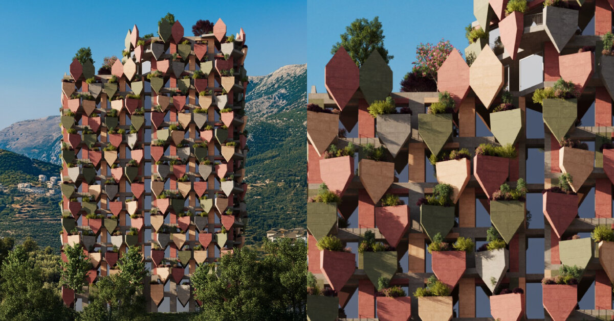 fragments of protruding planters wrap davide macullo's tower in albanian mountains