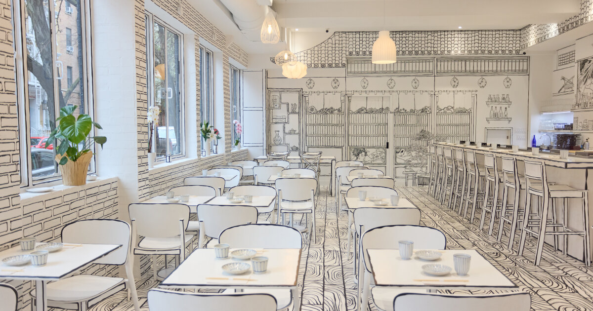 inside shirokuro, a sketchbook-like 2D omakase restaurant in NYC