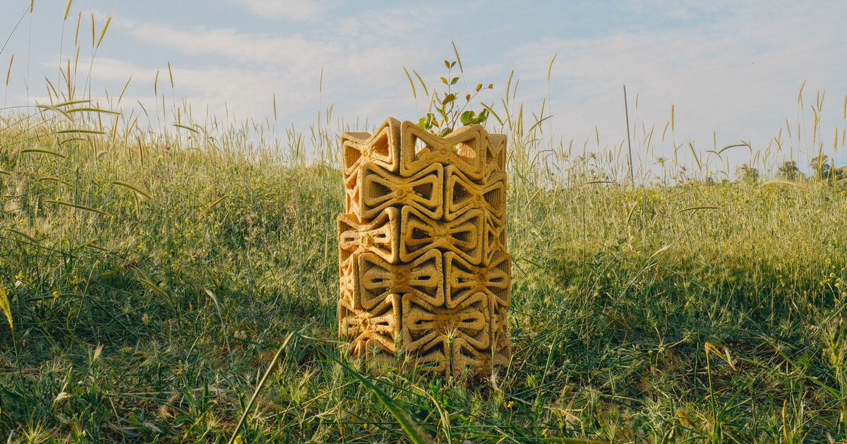 3D printed interlocking bricks compose earthen microclimate shelter for tree saplings