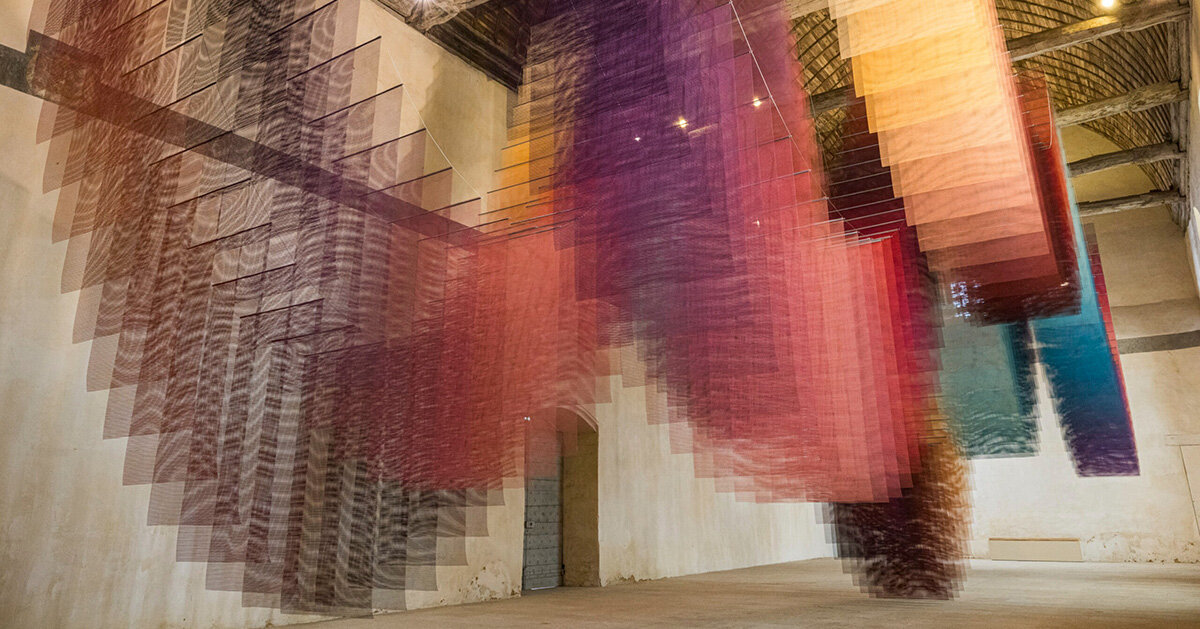 451 sheets of mesh compose floating chromatic field by tomislav topić inside french chapel