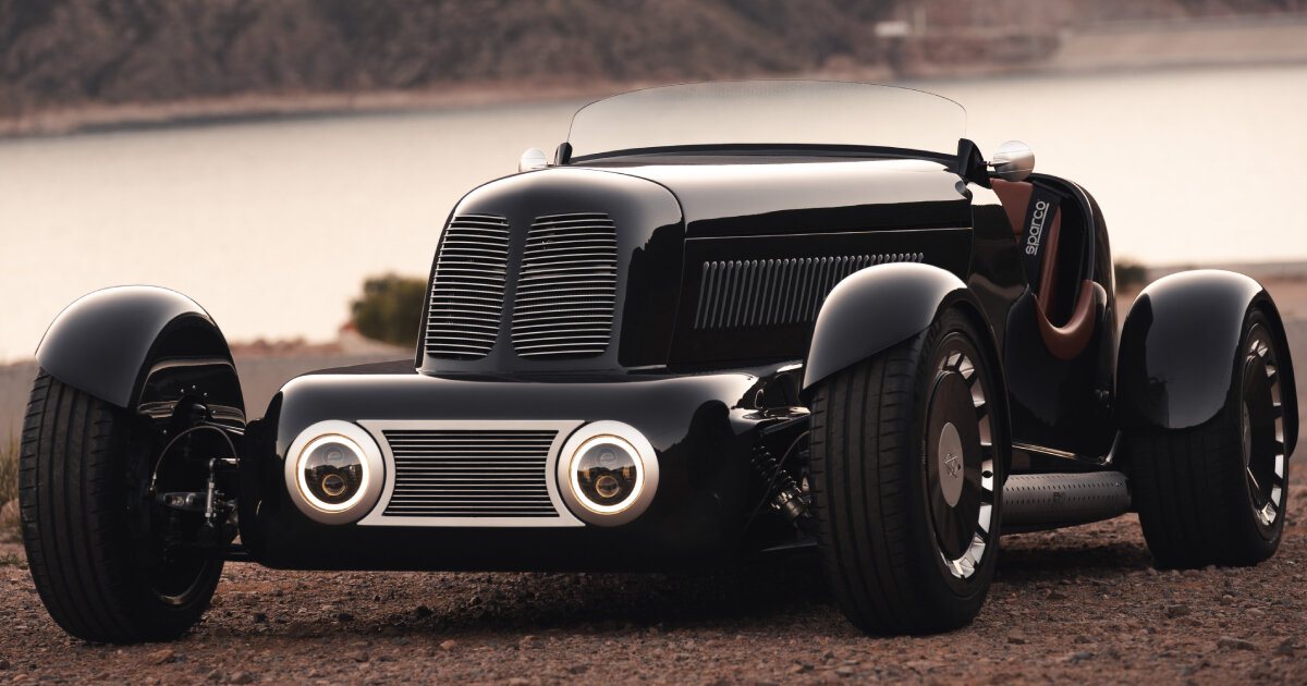 art deco-inspired restomod car drives around in handcrafted vintage bodywork