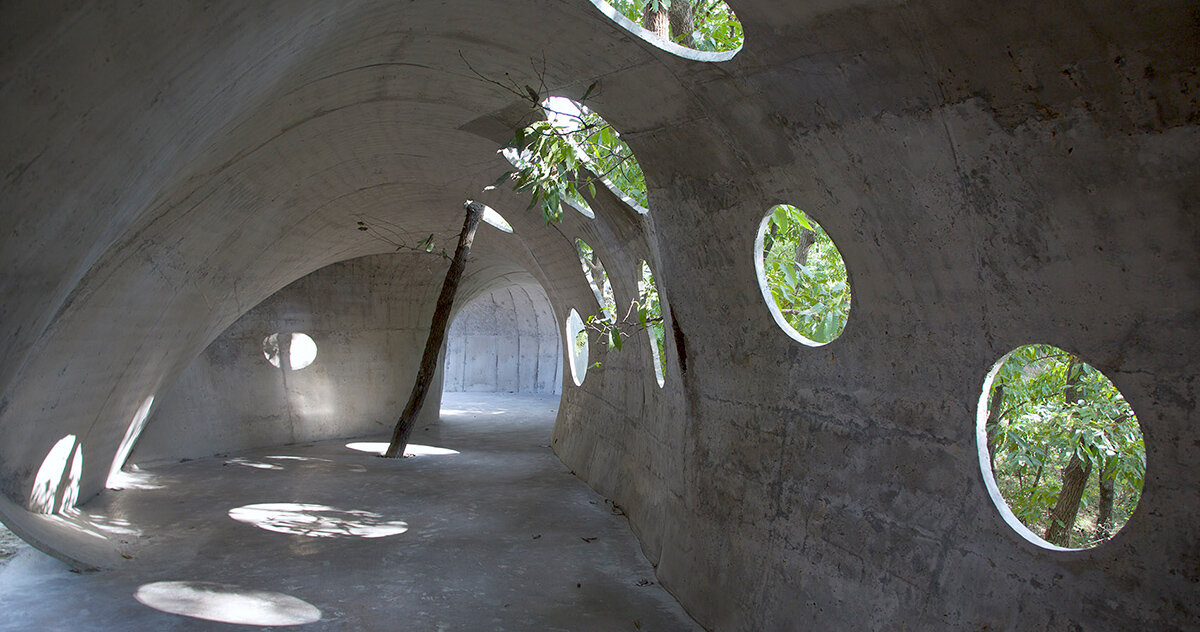 kong xiangwei's art museum is a rolled concrete shell-structure in the woods