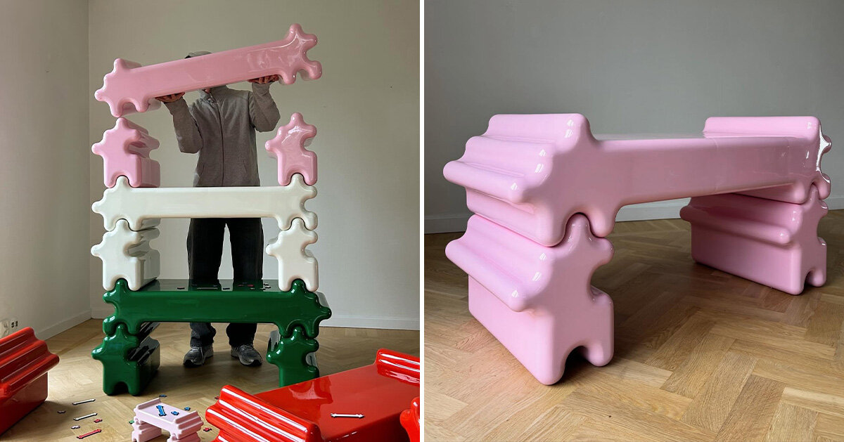 gustaf westman's stackable storage snaps together like giant glossy jigsaw pieces