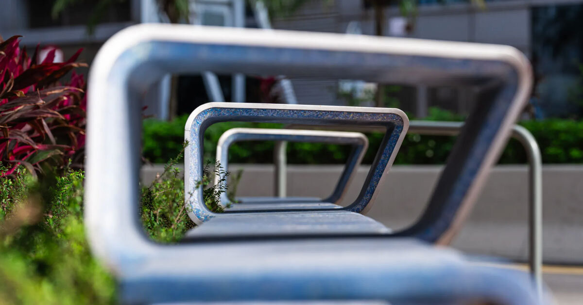 helical urban furniture made from upcycled surgical masks runs along hong kong's lost coast