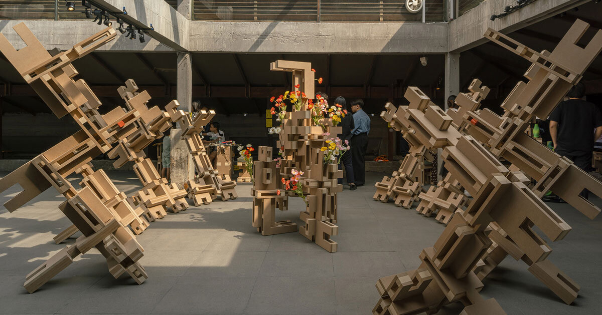 HXL tool-less modular system reconfigures from exhibition sculpture into adaptable furniture