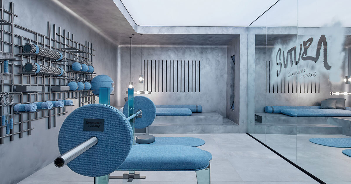 denim wraps workout equipment within sutura sculptural gym in mexico