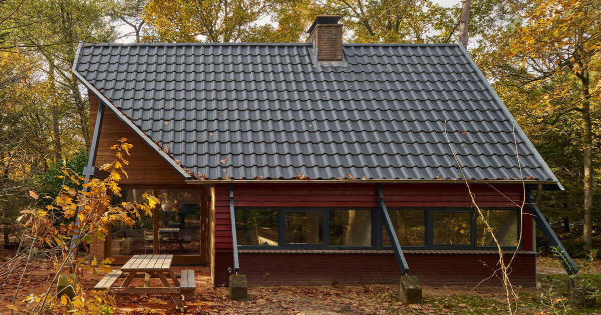 diagonally cut A-frame roof revives dutch holiday home by kumiki