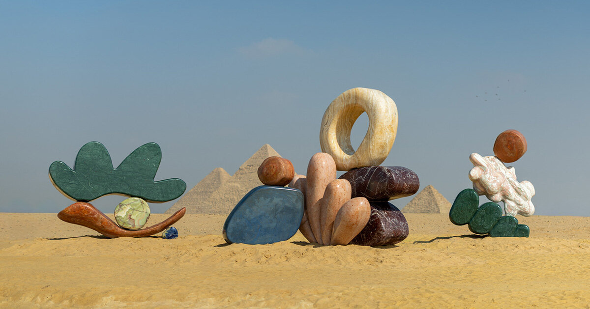 monumental stone sculptures by StudioPROBA and solidnature emerge across the pyramids