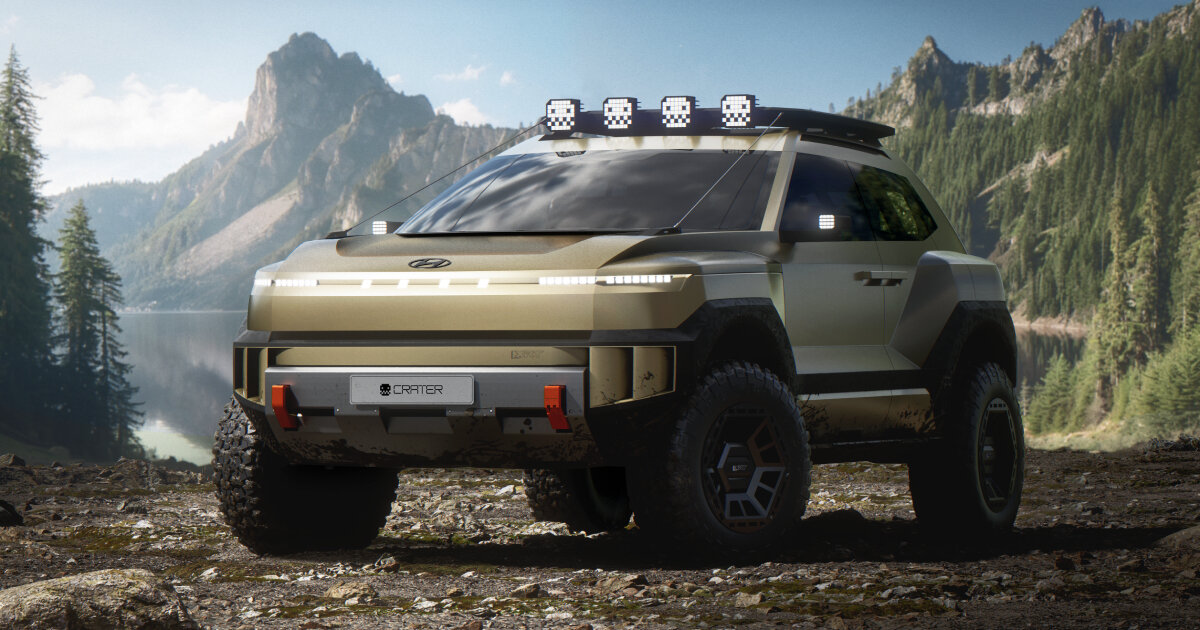 off-road SUV 'crater' carries fire extinguisher, first aid kit, roof lights and crash pad on trips