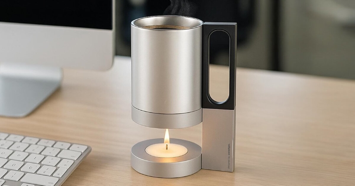 office mug with burning tealight candle keeps your drinks at work warm all day