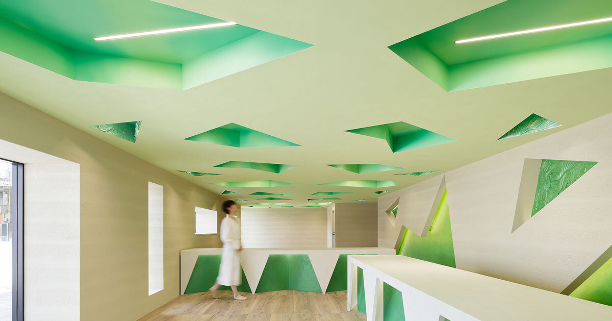polygonal green cutouts animate kakushin tokyo office's interiors by moriyuki ochiai architects