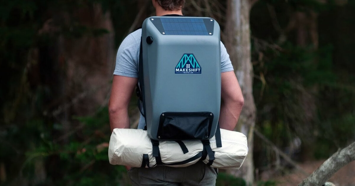 solar-powered backpack with sleeping bag and pillow supports individuals looking for shelter