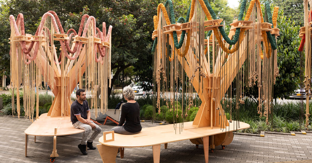 plywood and fabric solar trees installations pop up across urban open spaces for shade