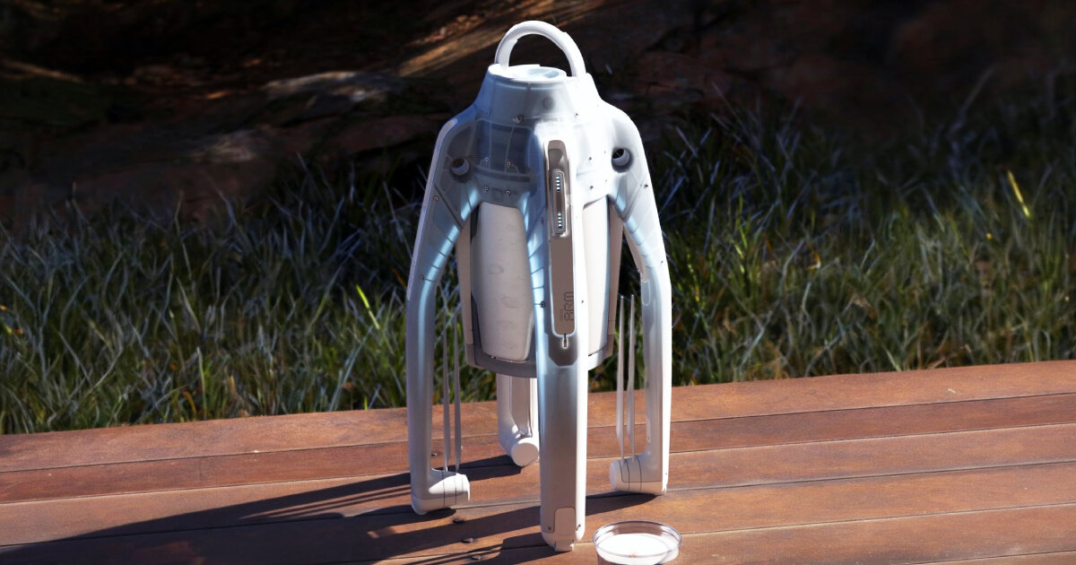 spider-like drone made to deliver beer cans drops them using mini parachutes