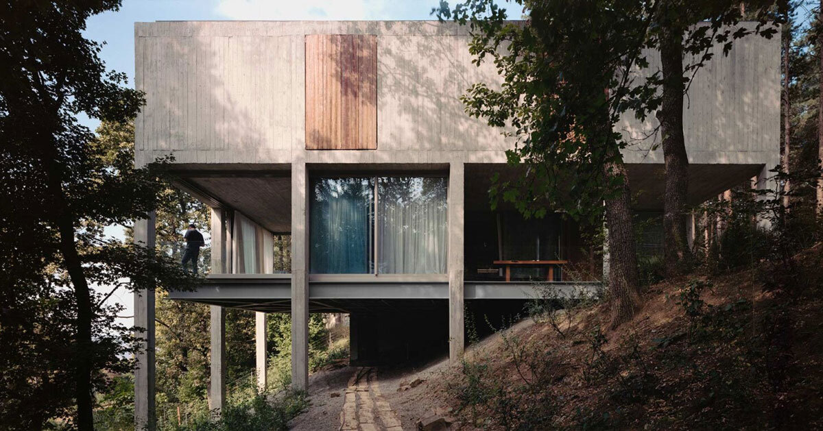 concrete columns lift residence above forested terrain in georgia