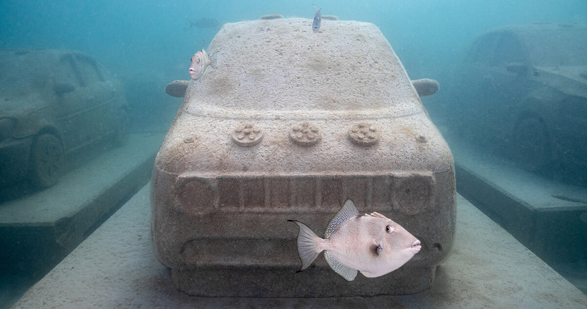 tour leandro erlich's underwater 'traffic jam' of concrete coral cars at miami beach's reefline