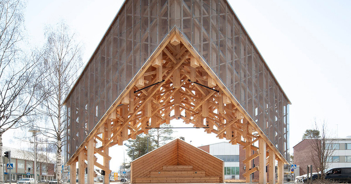 crystalline timber canopy inspired by snow fractals becomes a gathering space in finland