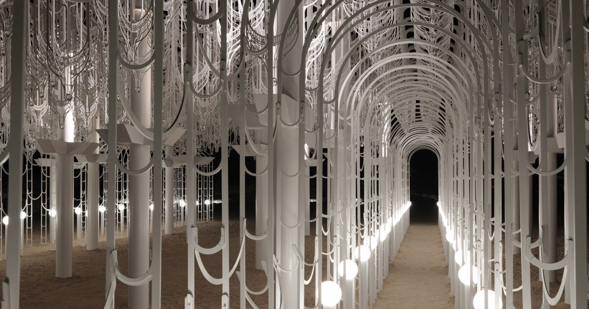 cloud-like white canopy of hanging vines emerges from abu dhabi’s arid landscape