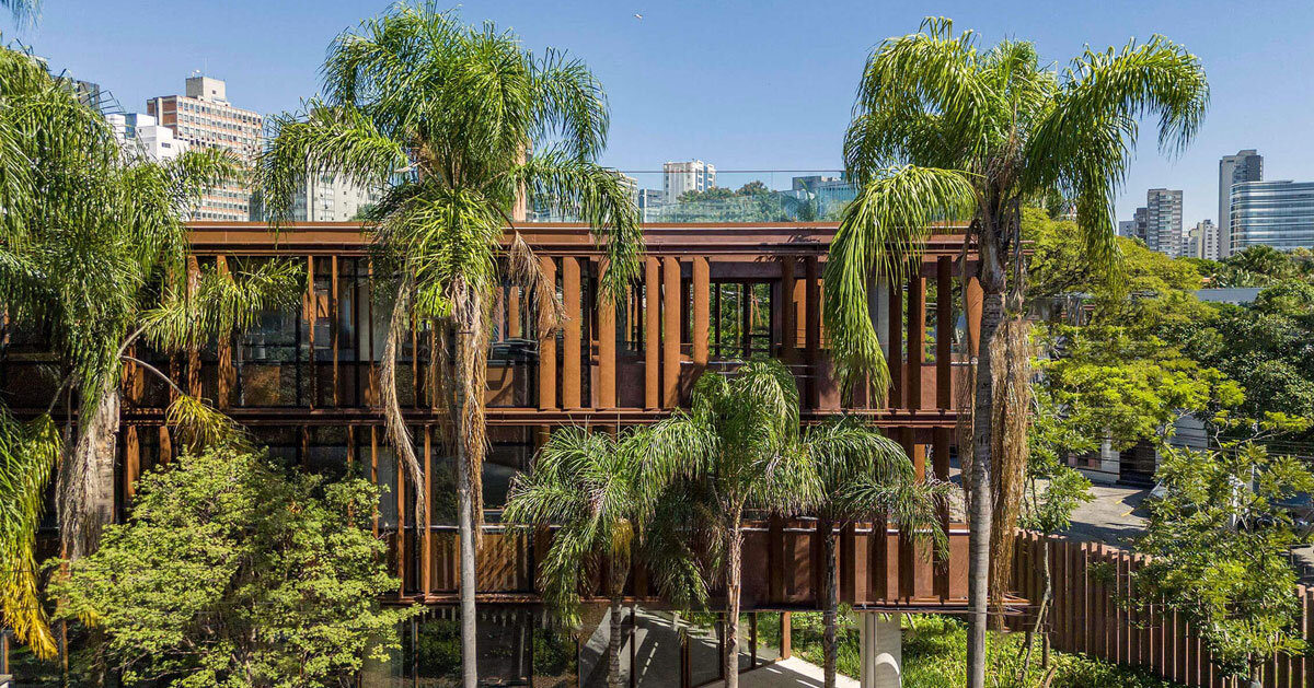 corten steel brise-soleils shield low-rise office building by perkins&will in sao paulo