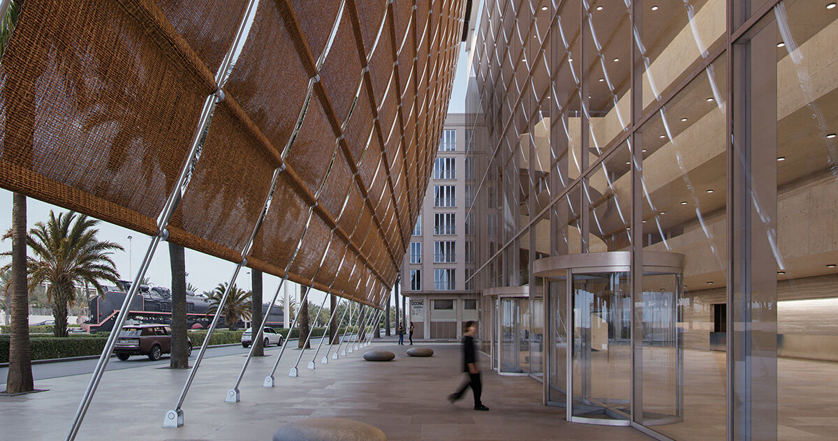 woven vegetal veil shrouds proposed elche congress center by luca poian & frade arquitectos