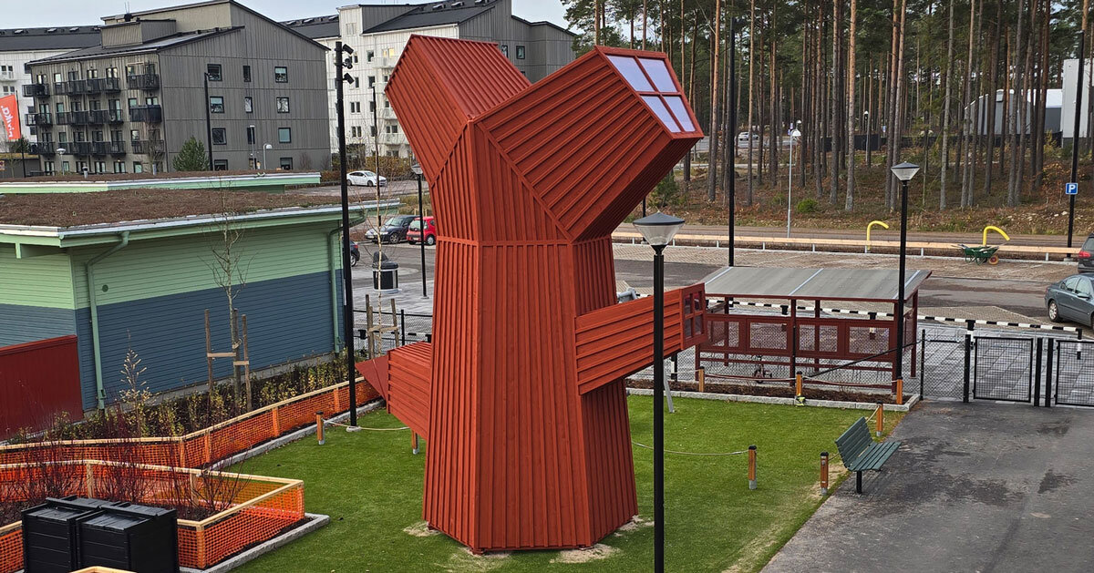 hexagonal wooden forms shape totemic red oak house tower by ulf mejergren in sweden