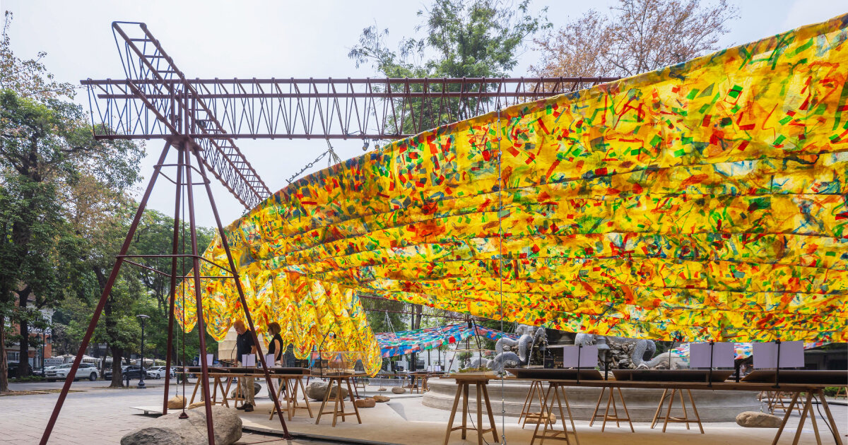 recycled plastic bags and handmade paper form public art pavilion T10A in vietnam