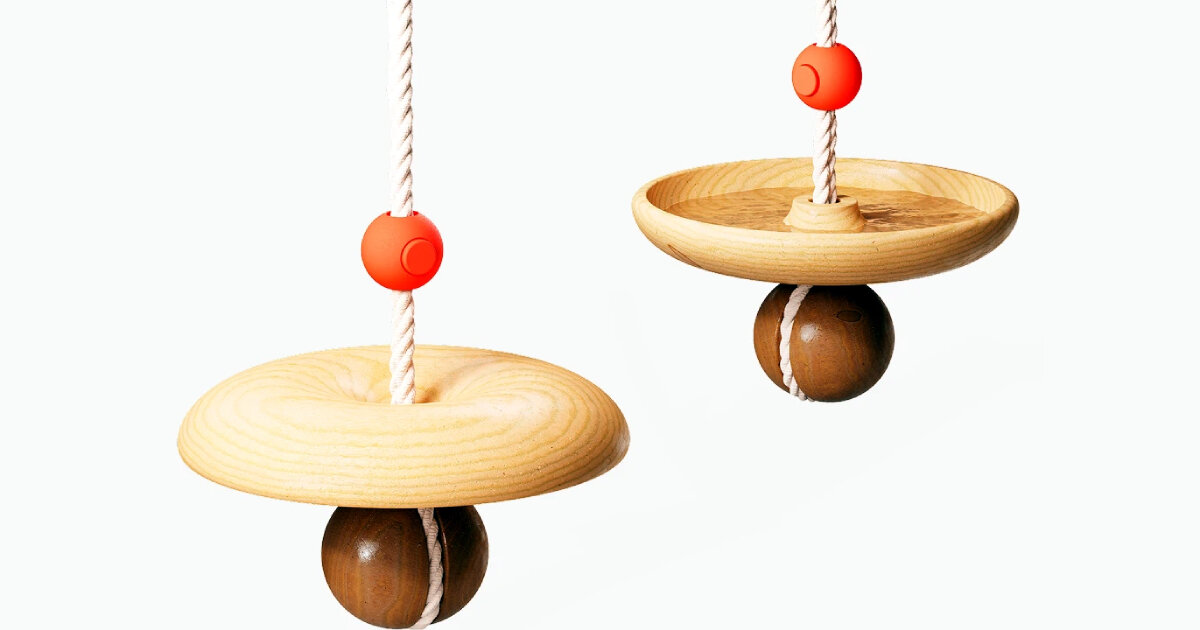 rope swing changes into a bowl feeder for birds by flipping the wooden seat