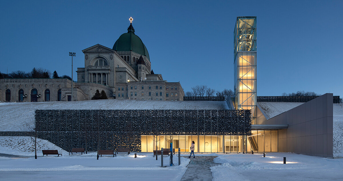 in montreal, a new pavilion for saint joseph's oratory glows behind gabion facades