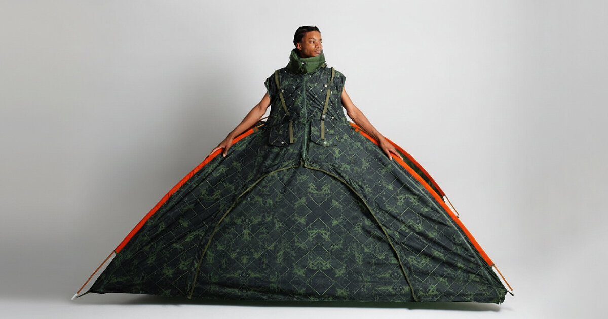 wearable shelter garment transforms into a livable tent with sleeves as backpacks