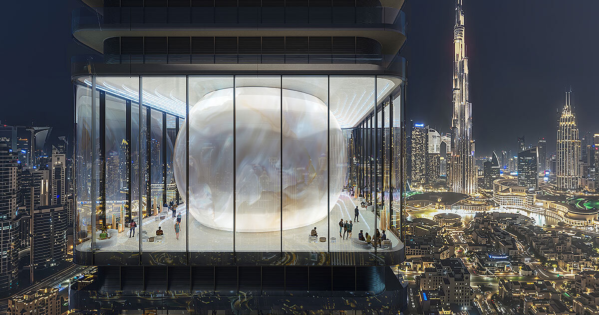 MVRDV embeds luminous, pearl-like lounge into its proposed inaura tower for dubai