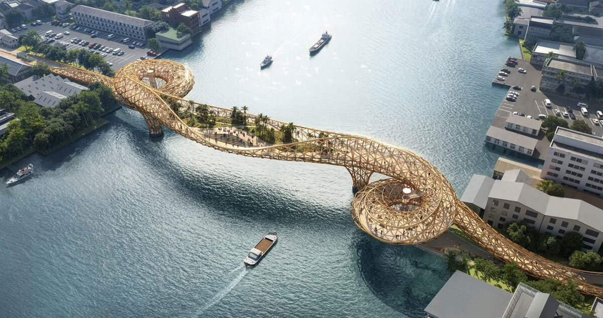 pedestrian bridge of serpentine latticework to bring elevated garden to bangkok