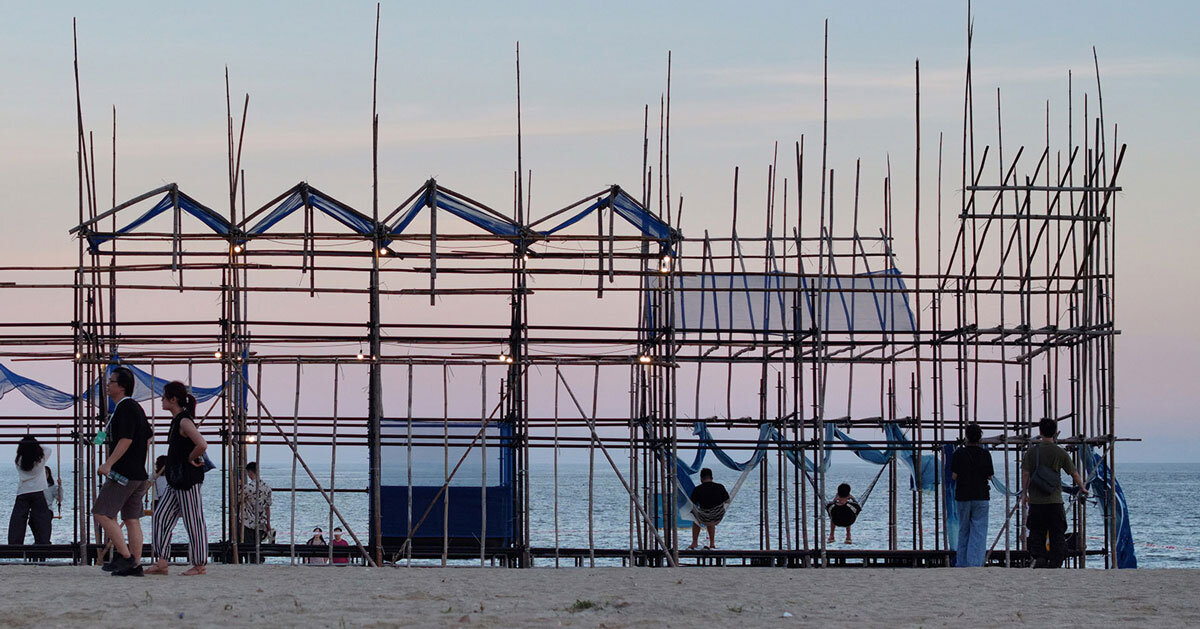 traditional bamboo scaffolding constructs temporary theater along chinese coast