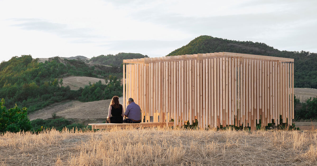 wind activates pavilion's permeable wooden grid producing layered soundscapes