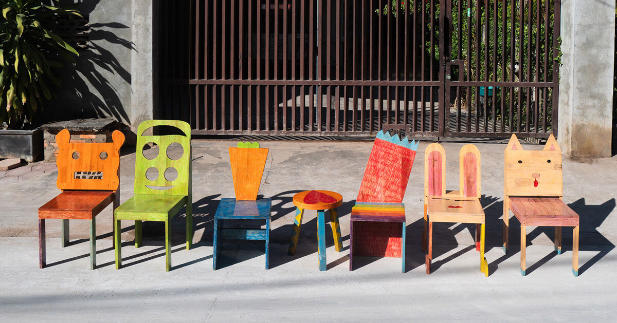 playful children's drawings become colorful handmade chairs in cambodia