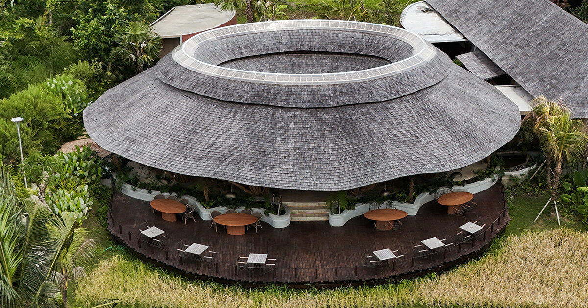 circular bamboo roof collects rainwater at balinese restaurant by pablo luna studio