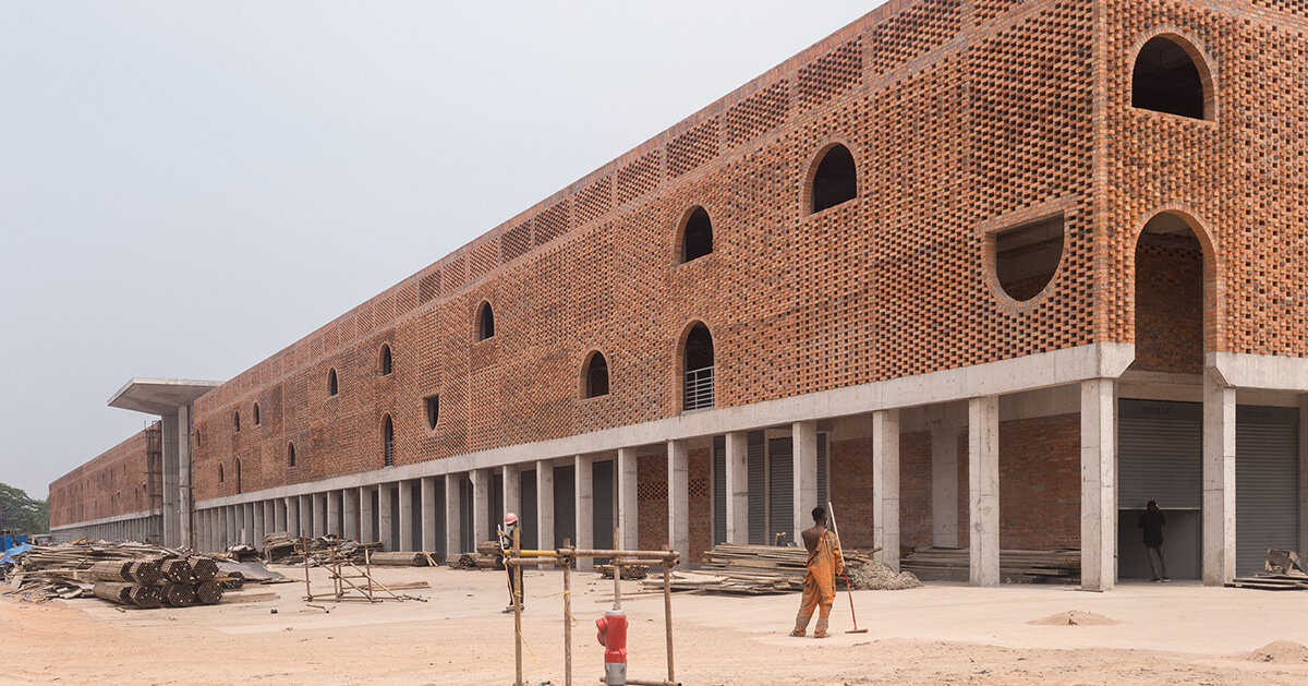 concrete canopies and porous brick walls form central market redevelopment in congo