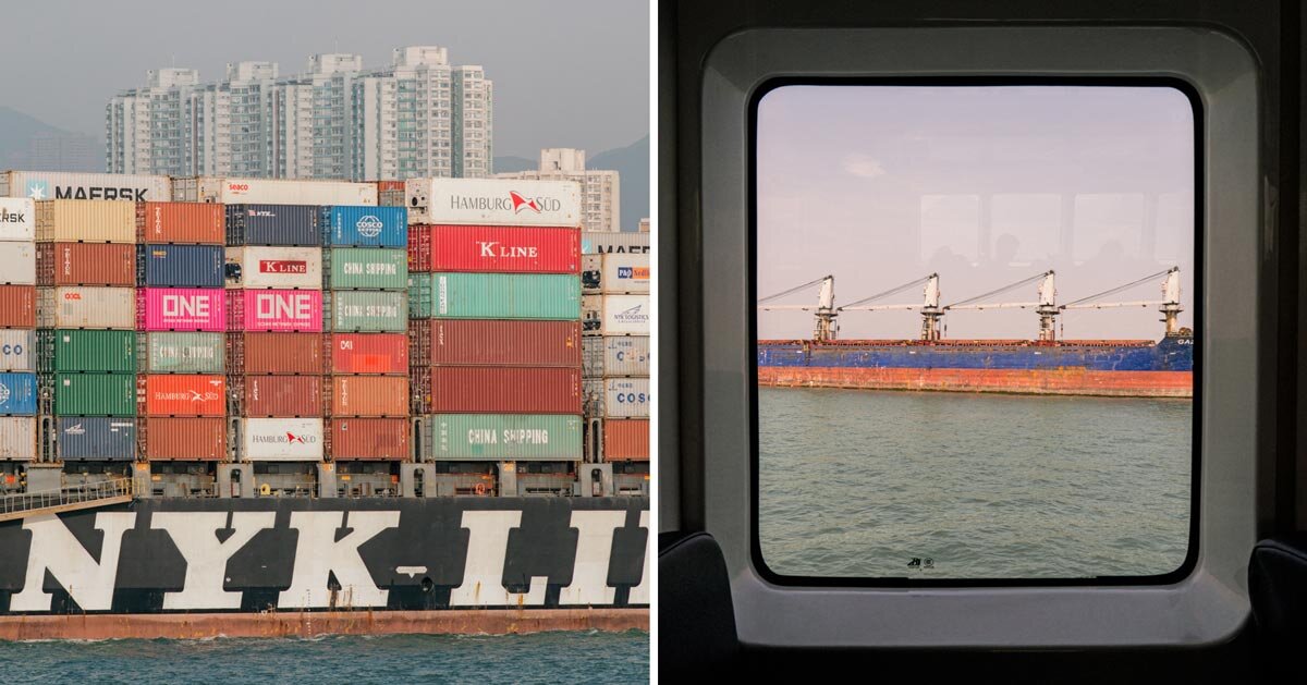 photographer captures cargo ships passing by on his ferry ride home